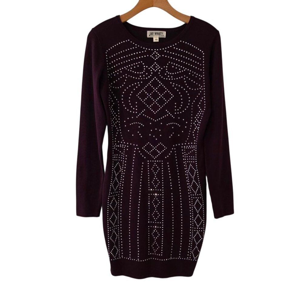 Say What Dress Womens L Plum Color Studded Long Sleeve Stretch‎ Bling Party NWOT